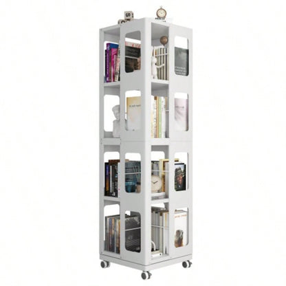4 - Tier All - Steel Rotating Bookshelf with 360 Wheels, Large Size Sturdy Spacious Book Rack, New Style White Bookshelf, Easy Assembly