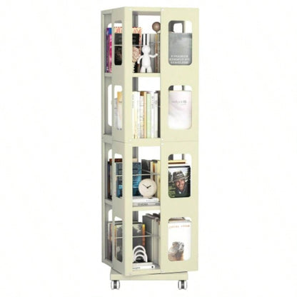 4 - Tier All - Steel Rotating Bookshelf with 360 Wheels, Large Size Sturdy Spacious Book Rack, New Style White Bookshelf, Easy Assembly
