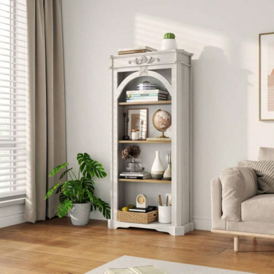 Antique 4 Tiers bookshelf, 65 inch tall bookcase, tall floor standing bookcase Home Office, Living Room, antique white