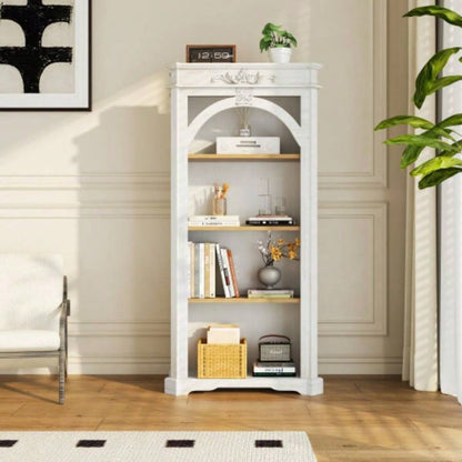 Antique 4 Tiers bookshelf, 65 inch tall bookcase, tall floor standing bookcase Home Office, Living Room, antique white
