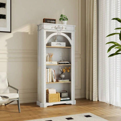 Antique 4 Tiers bookshelf, 65 inch tall bookcase, tall floor standing bookcase Home Office, Living Room, antique white