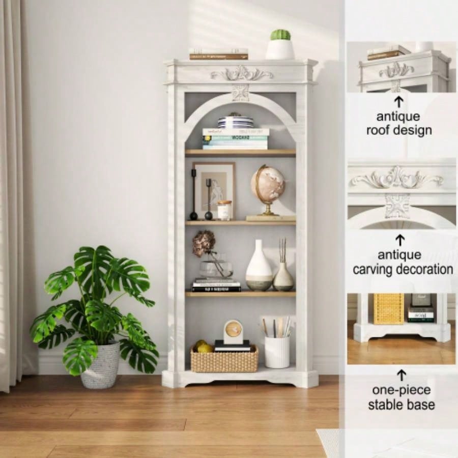 Antique 4 Tiers bookshelf, 65 inch tall bookcase, tall floor standing bookcase Home Office, Living Room, antique white
