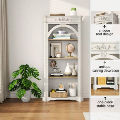 Antique 4 Tiers bookshelf, 65 inch tall bookcase, tall floor standing bookcase Home Office, Living Room, antique white