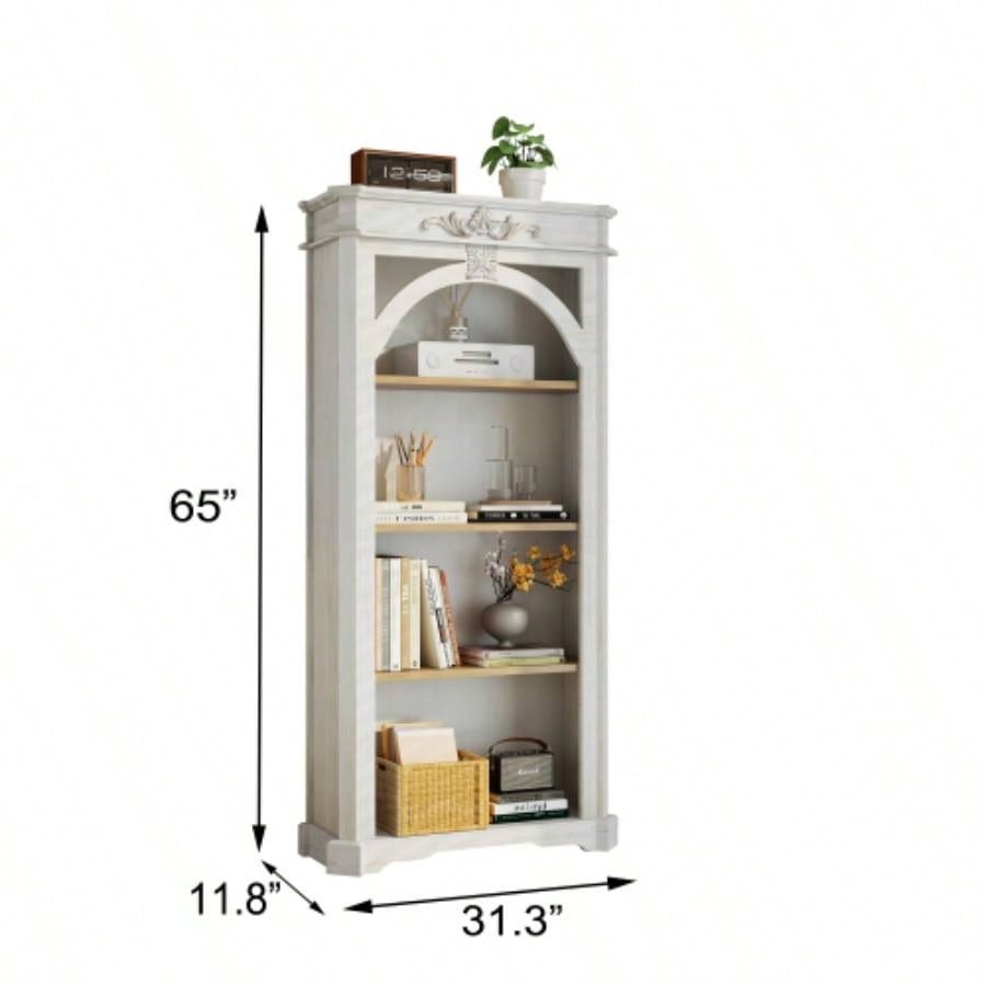 Antique 4 Tiers bookshelf, 65 inch tall bookcase, tall floor standing bookcase Home Office, Living Room, antique white