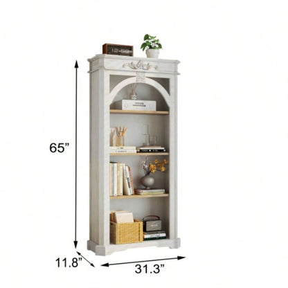 Antique 4 Tiers bookshelf, 65 inch tall bookcase, tall floor standing bookcase Home Office, Living Room, antique white
