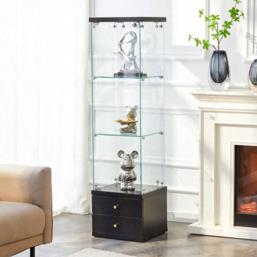American - Style Non - Lit Glass Display Cabinet 0.2 Tempered Glass - Soft - Close Drawer Slides 3 Adjustable Shelves, Display Storage