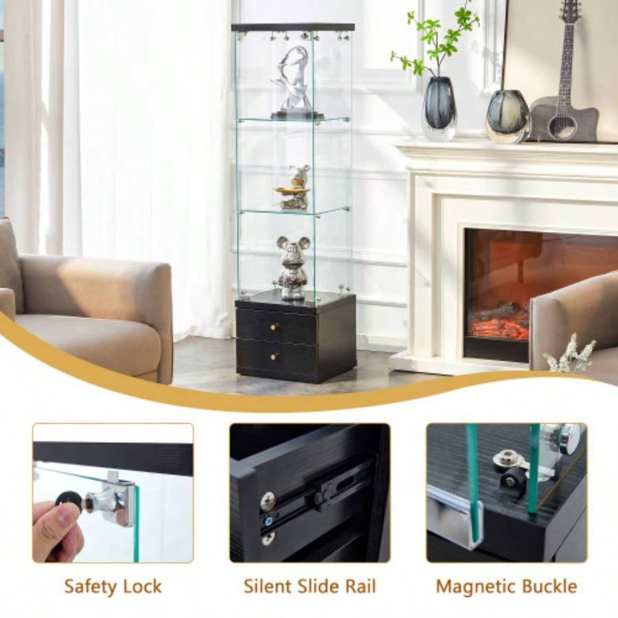 American - Style Non - Lit Glass Display Cabinet 0.2 Tempered Glass - Soft - Close Drawer Slides 3 Adjustable Shelves, Display Storage
