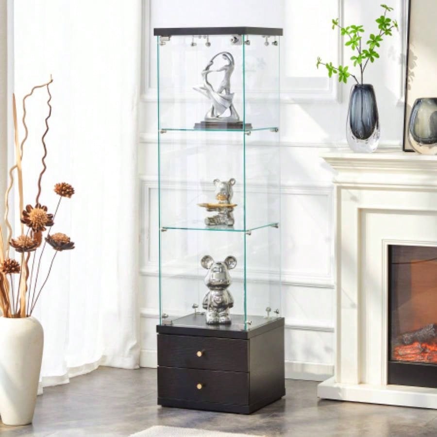 American - Style Non - Lit Glass Display Cabinet 0.2 Tempered Glass - Soft - Close Drawer Slides 3 Adjustable Shelves, Display Storage