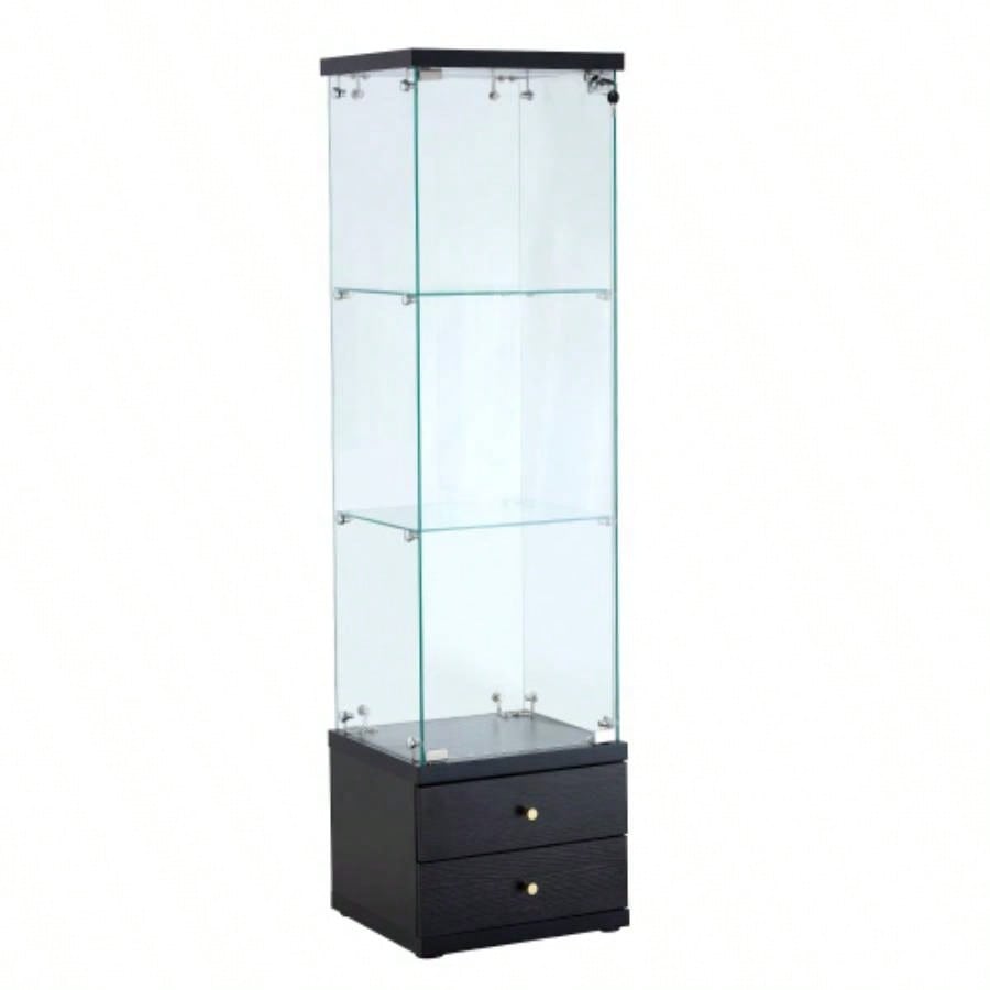 American - Style Non - Lit Glass Display Cabinet 0.2 Tempered Glass - Soft - Close Drawer Slides 3 Adjustable Shelves, Display Storage