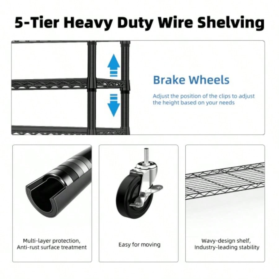 1750 lbs Steel Storage Shelving 5 - Tier Utility Shelving Unit Steel Organizer Wire Rack Home, Kitchen, Office, Garage, 1750 LBS Capacity 17. Dx 47.2x 72.3 H