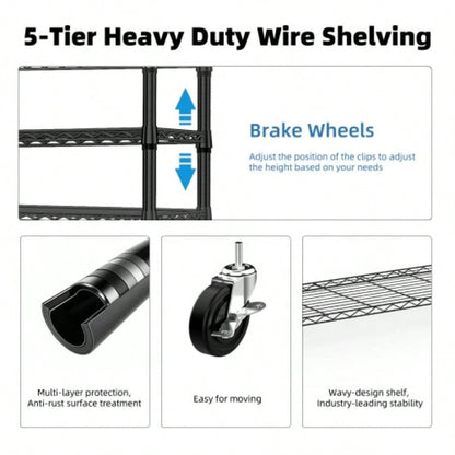 1750 lbs Steel Storage Shelving 5 - Tier Utility Shelving Unit Steel Organizer Wire Rack Home, Kitchen, Office, Garage, 1750 LBS Capacity 17. Dx 47.2x 72.3 H