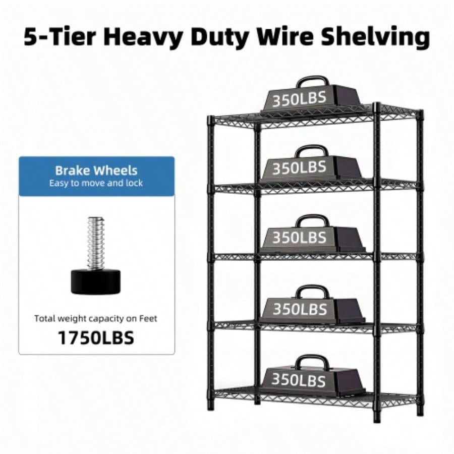 1750 lbs Steel Storage Shelving 5 - Tier Utility Shelving Unit Steel Organizer Wire Rack Home, Kitchen, Office, Garage, 1750 LBS Capacity 17. Dx 47.2x 72.3 H