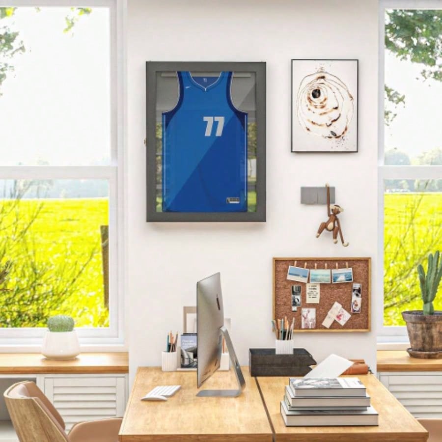 HOMCOM 24x 32 Jersey Display, Wall - Mounted Memorabilia Acrylic Shadow Box with Hanger, Black