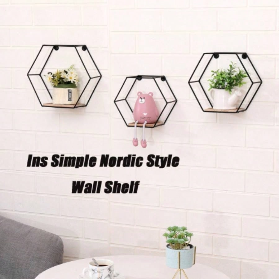 Wall Mounted Hexagonal Floating Shelves Black Set of 3 in Different Sizes, Modern Metal Wall Shelf, Simple Wood Partition Storage Shelves, Wall Decor Rack Bedroom, Living Room, Kitchen and Office