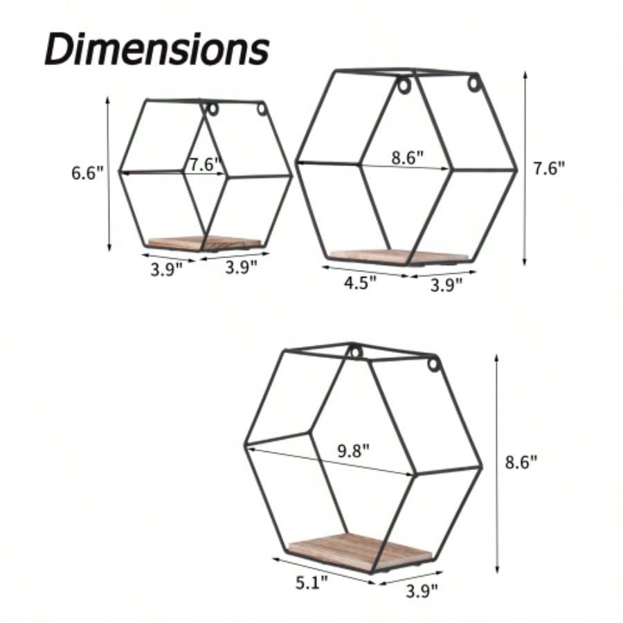 Wall Mounted Hexagonal Floating Shelves Black Set of 3 in Different Sizes, Modern Metal Wall Shelf, Simple Wood Partition Storage Shelves, Wall Decor Rack Bedroom, Living Room, Kitchen and Office