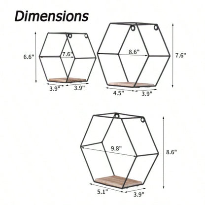 Wall Mounted Hexagonal Floating Shelves Black Set of 3 in Different Sizes, Modern Metal Wall Shelf, Simple Wood Partition Storage Shelves, Wall Decor Rack Bedroom, Living Room, Kitchen and Office