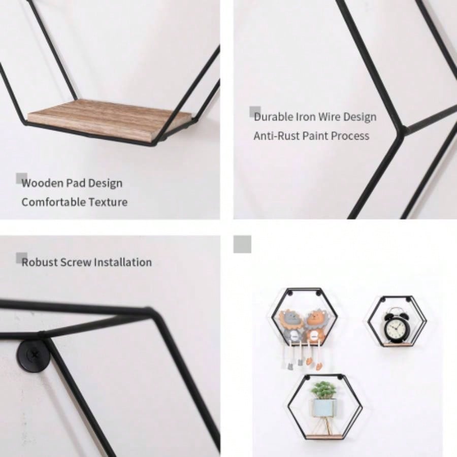 Wall Mounted Hexagonal Floating Shelves Black Set of 3 in Different Sizes, Modern Metal Wall Shelf, Simple Wood Partition Storage Shelves, Wall Decor Rack Bedroom, Living Room, Kitchen and Office