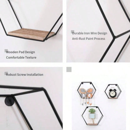Wall Mounted Hexagonal Floating Shelves Black Set of 3 in Different Sizes, Modern Metal Wall Shelf, Simple Wood Partition Storage Shelves, Wall Decor Rack Bedroom, Living Room, Kitchen and Office