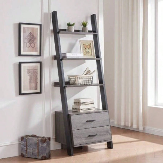 Two drawer ladder bookcase metal bar handles Distressed and black two tone color