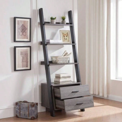 Two drawer ladder bookcase metal bar handles Distressed and black two tone color