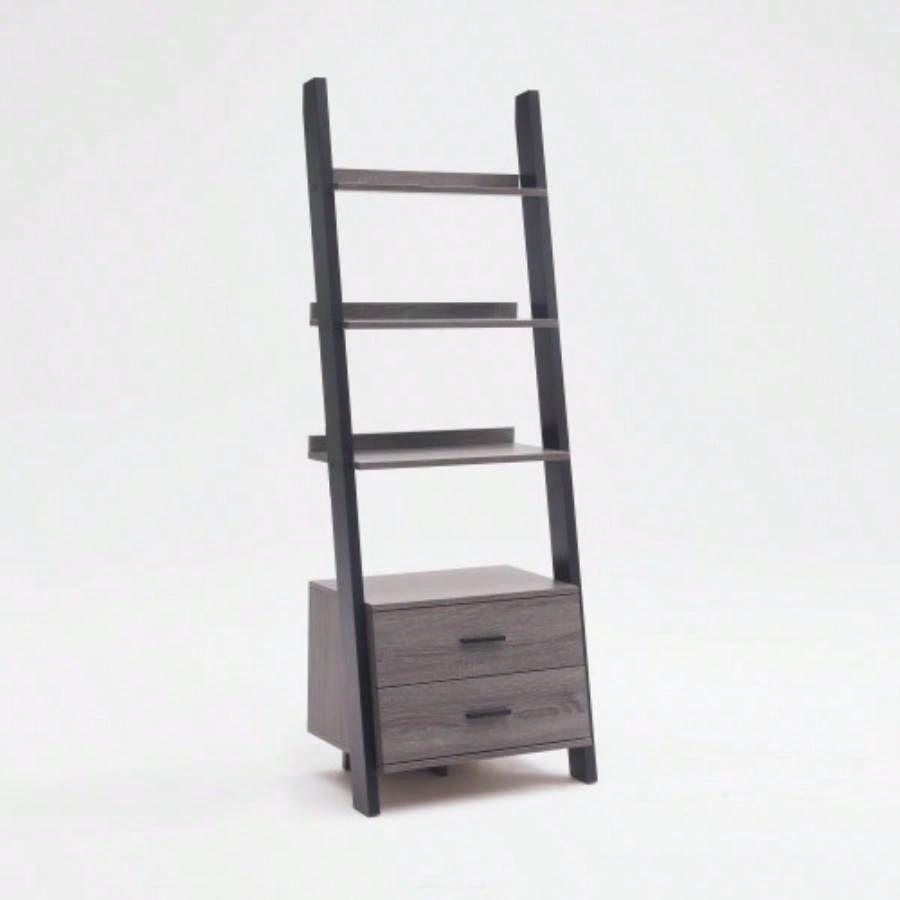 Two drawer ladder bookcase metal bar handles Distressed and black two tone color