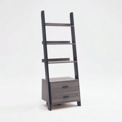 Two drawer ladder bookcase metal bar handles Distressed and black two tone color