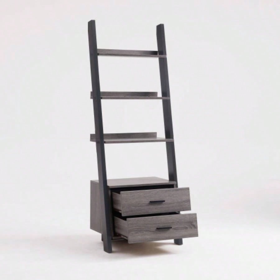 Two drawer ladder bookcase metal bar handles Distressed and black two tone color
