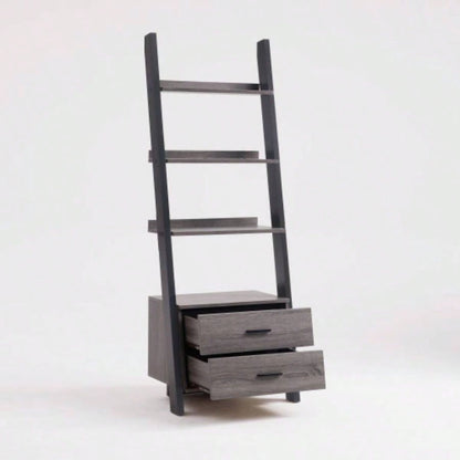 Two drawer ladder bookcase metal bar handles Distressed and black two tone color