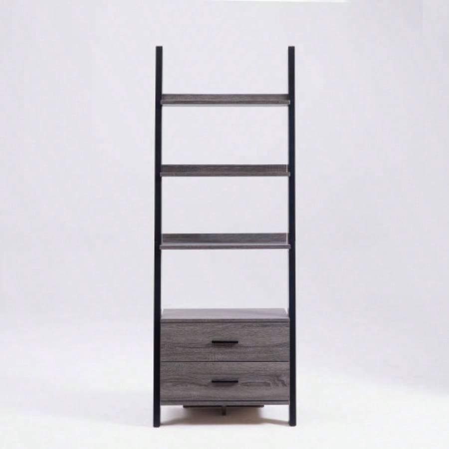 Two drawer ladder bookcase metal bar handles Distressed and black two tone color