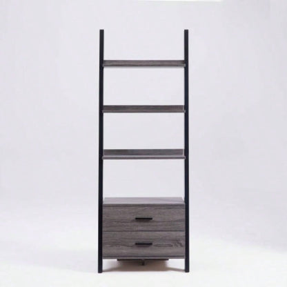 Two drawer ladder bookcase metal bar handles Distressed and black two tone color