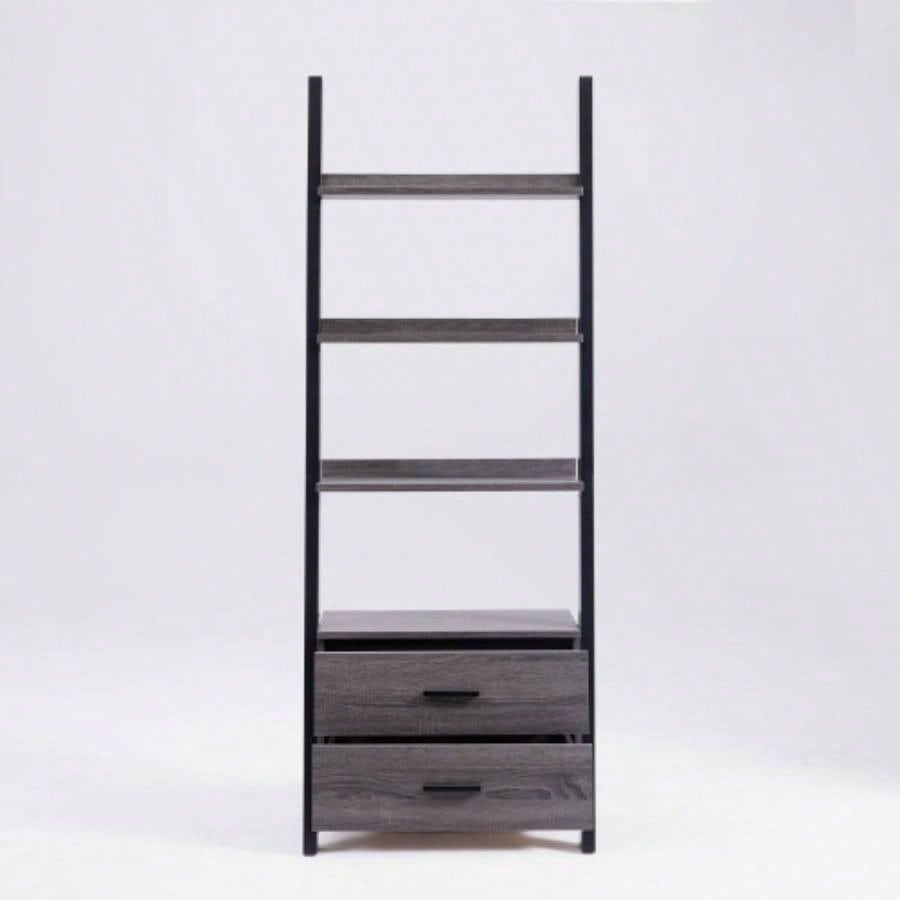 Two drawer ladder bookcase metal bar handles Distressed and black two tone color