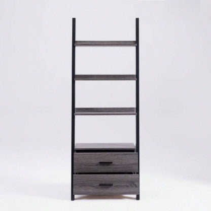 Two drawer ladder bookcase metal bar handles Distressed and black two tone color