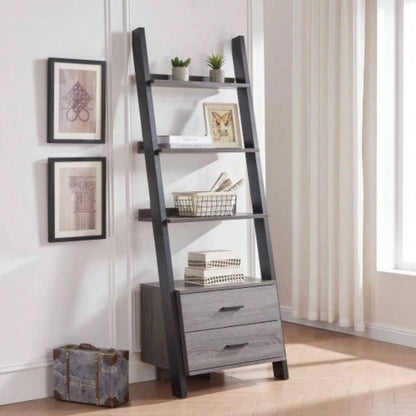 Two drawer ladder bookcase metal bar handles Distressed and black two tone color
