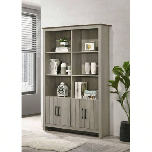 47 Gray Oak Bookcase Shelf with Cabinet Doors