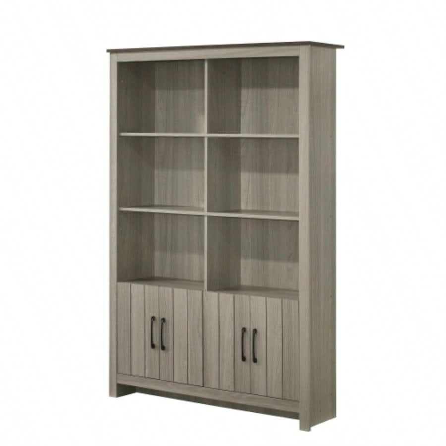 47 Gray Oak Bookcase Shelf with Cabinet Doors