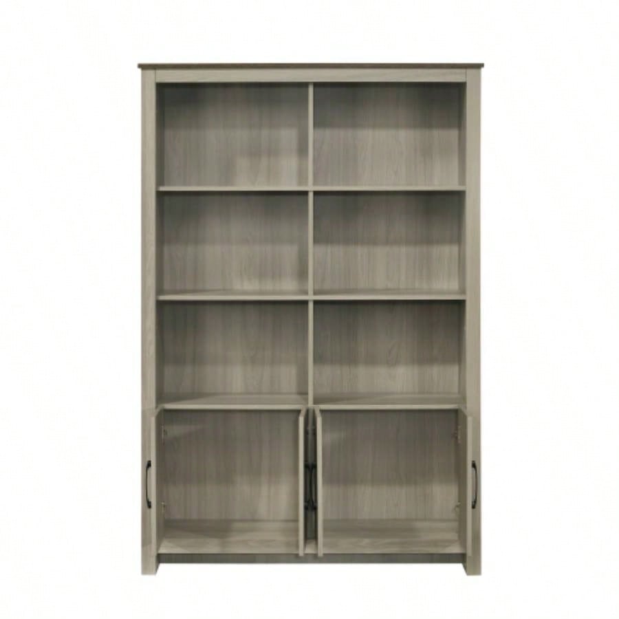 47 Gray Oak Bookcase Shelf with Cabinet Doors