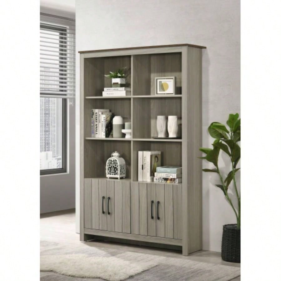 47 Gray Oak Bookcase Shelf with Cabinet Doors