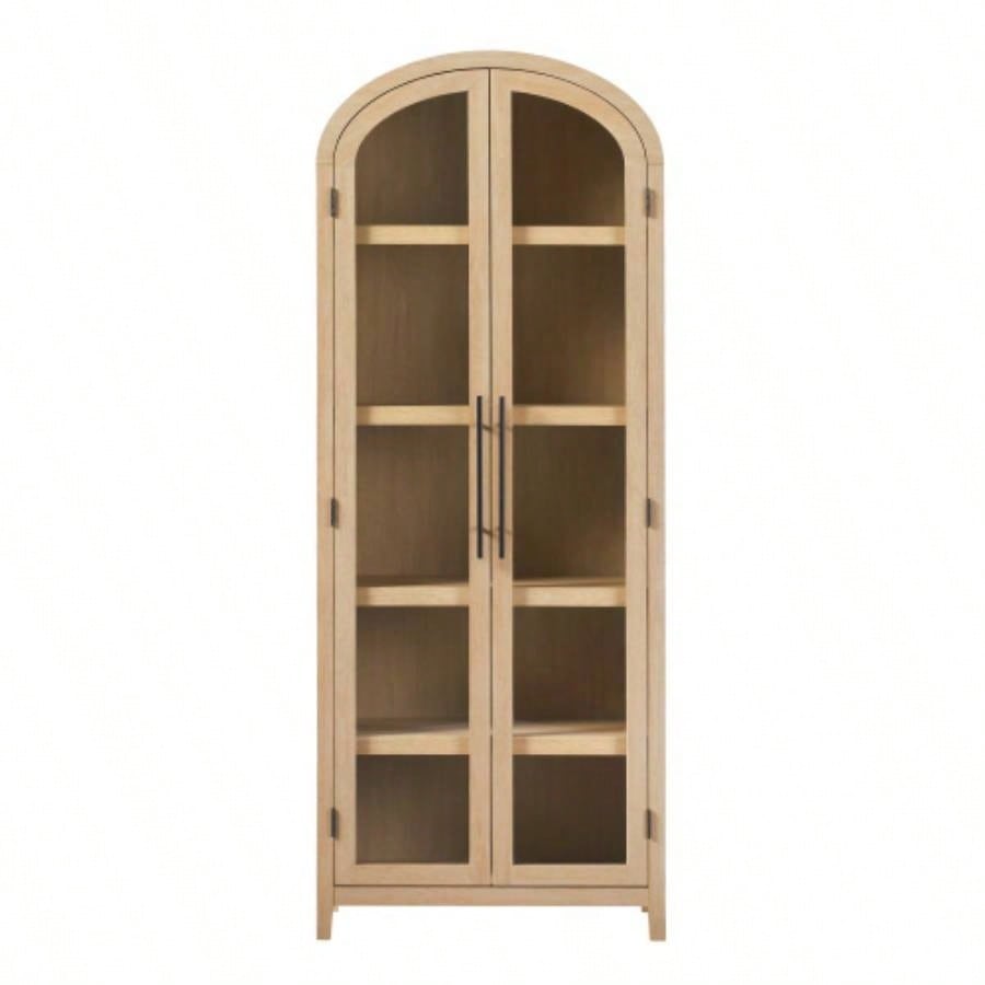Modern 5 Shelf Arched Tall Bookcase with Glass Doors - Oak