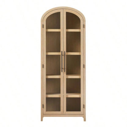 Modern 5 Shelf Arched Tall Bookcase with Glass Doors - Oak