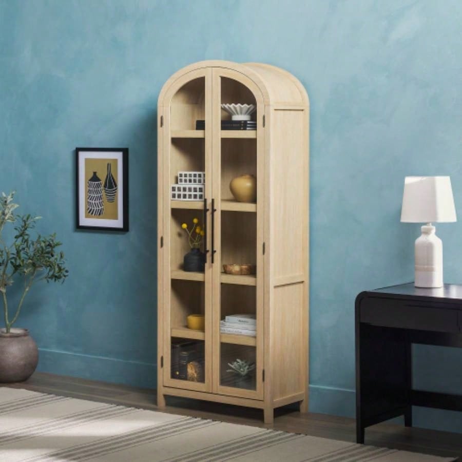 Modern 5 Shelf Arched Tall Bookcase with Glass Doors - Oak