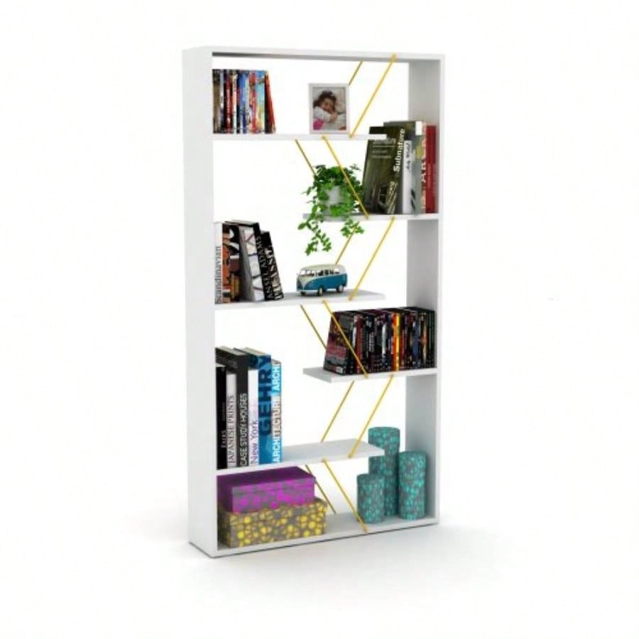 Furnish Home Store Wood Frame Etagere Open Back 6 Shelves Bookcase Industrial Bookshelf Office and Living Rooms Modern Bookcases Large Bookshelf Organizer, White/Yellow