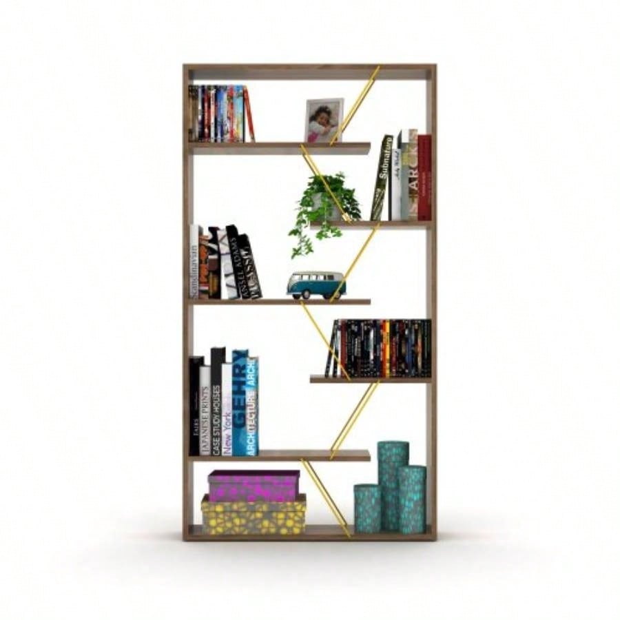 Furnish Home Store Wood Frame Etagere Open Back 6 Shelves Bookcase Industrial Bookshelf Office and Living Rooms Modern Bookcases Large Bookshelf Organizer, White/Yellow