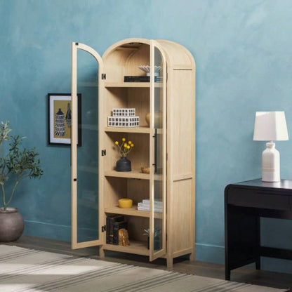 Modern 5 Shelf Arched Tall Bookcase with Glass Doors - Oak