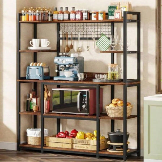 Large 55 Bakers Rack with Hutch - 5 - Tier Industrial Kitchen Storage Shelf with Hooks Microwave Stand, Rustic Brown Kitchen Hutch Cabinet Organizer with Metal Frame, Utility Pantry Rack