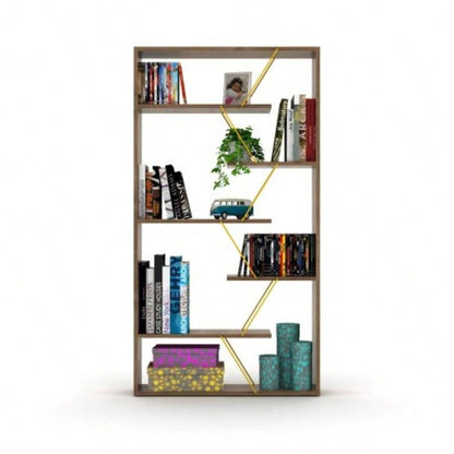 Furnish Home Store Wood Frame Etagere Open Back 6 Shelves Bookcase Industrial Bookshelf Office and Living Rooms Modern Bookcases Large Bookshelf Organizer, White/Yellow