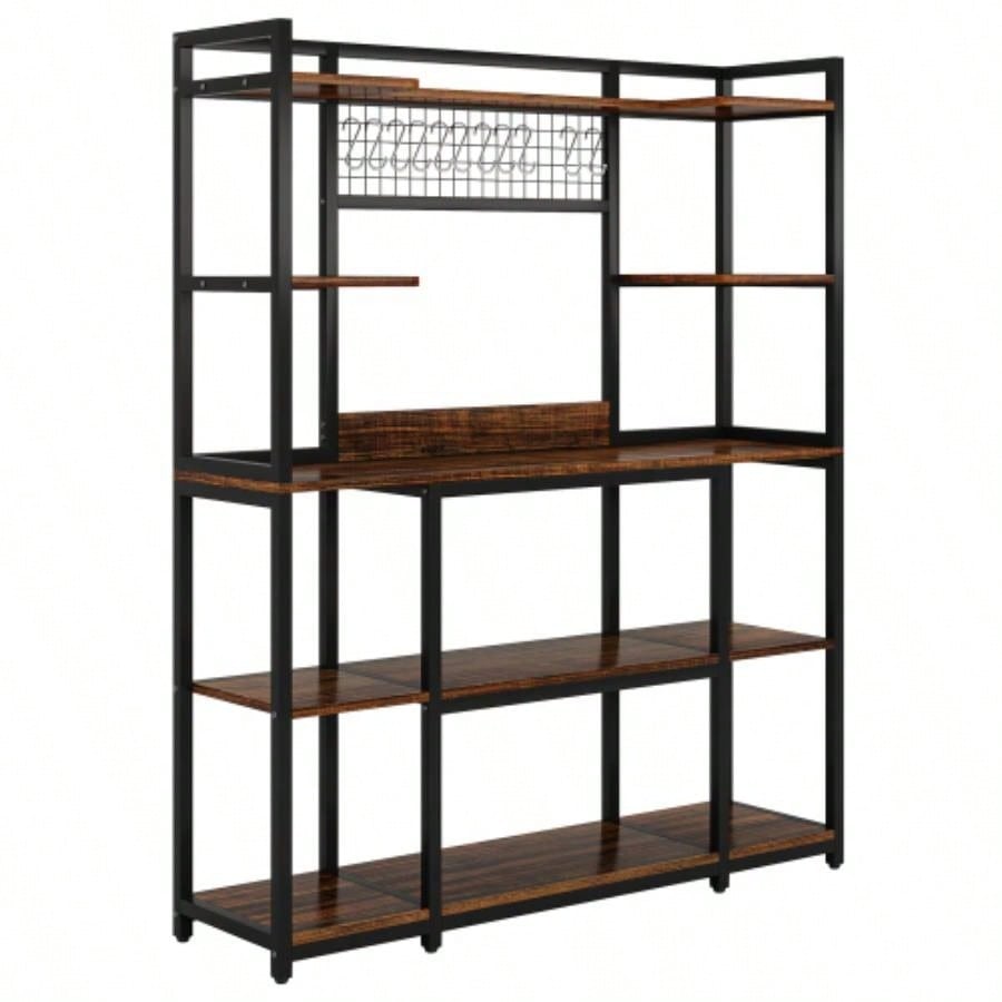 Large 55 Bakers Rack with Hutch - 5 - Tier Industrial Kitchen Storage Shelf with Hooks Microwave Stand, Rustic Brown Kitchen Hutch Cabinet Organizer with Metal Frame, Utility Pantry Rack