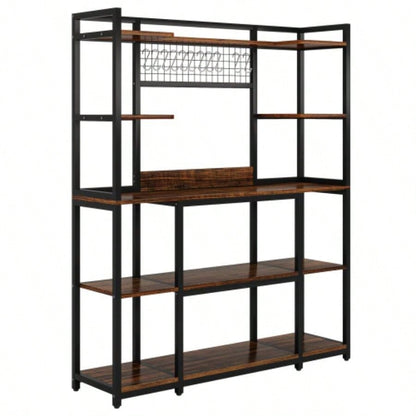 Large 55 Bakers Rack with Hutch - 5 - Tier Industrial Kitchen Storage Shelf with Hooks Microwave Stand, Rustic Brown Kitchen Hutch Cabinet Organizer with Metal Frame, Utility Pantry Rack