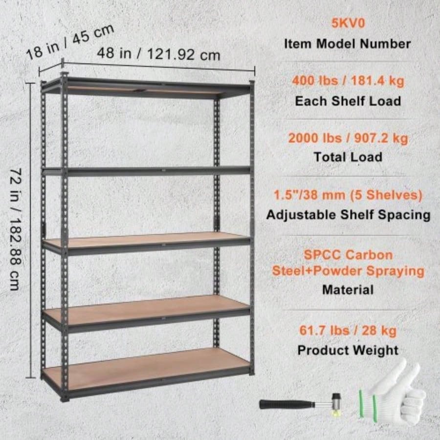 Storage Shelving Unit, 5 - Tier Adjustable, 2000 lbs Capacity, Heavy Duty Garage Shelves Metal Organizer Utility Rack, Black, 18 Dx 48x 72 H Kitchen Pantry Basement Bathroom Laundry