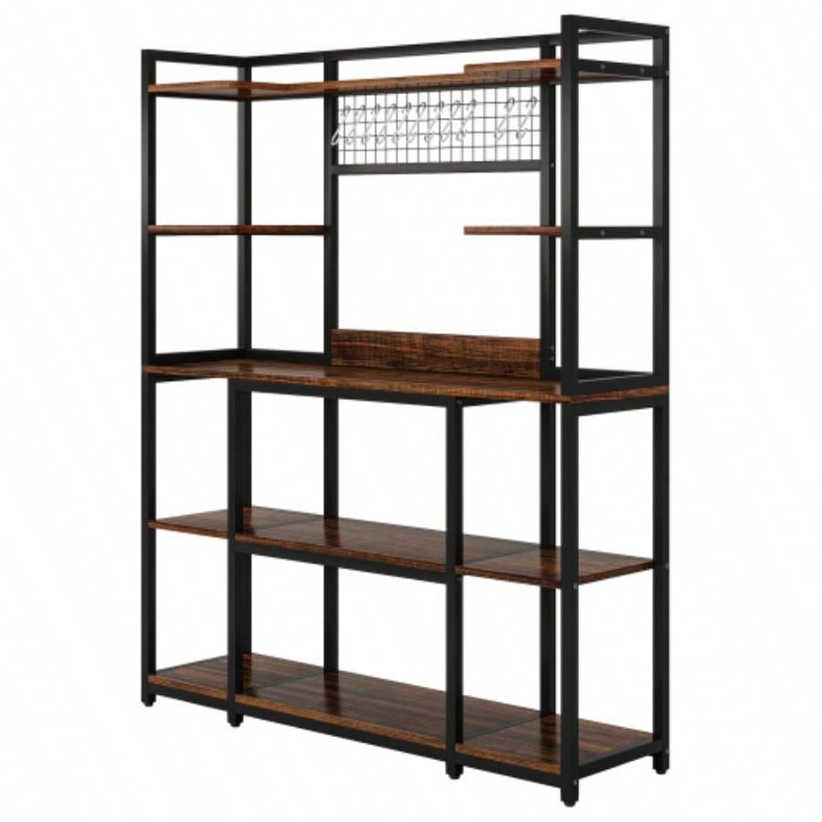 Large 55 Bakers Rack with Hutch - 5 - Tier Industrial Kitchen Storage Shelf with Hooks Microwave Stand, Rustic Brown Kitchen Hutch Cabinet Organizer with Metal Frame, Utility Pantry Rack