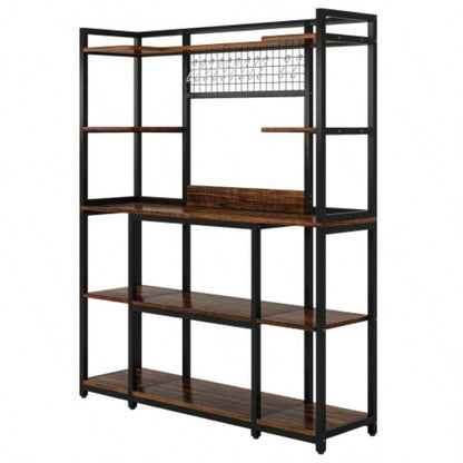 Large 55 Bakers Rack with Hutch - 5 - Tier Industrial Kitchen Storage Shelf with Hooks Microwave Stand, Rustic Brown Kitchen Hutch Cabinet Organizer with Metal Frame, Utility Pantry Rack